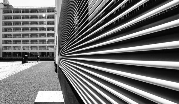 Symmetrical photo of a building in black and white effect