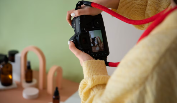 a woman holds a camera and makes a photo of a table with decorations