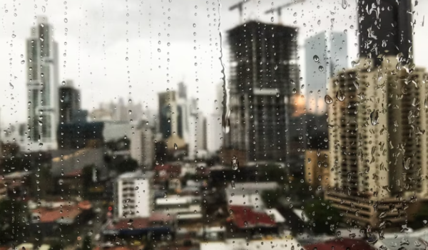 raindrops rolling down the window and the skyscrapers outside