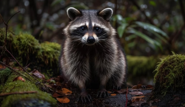 raccoon sitting on the land in the forest